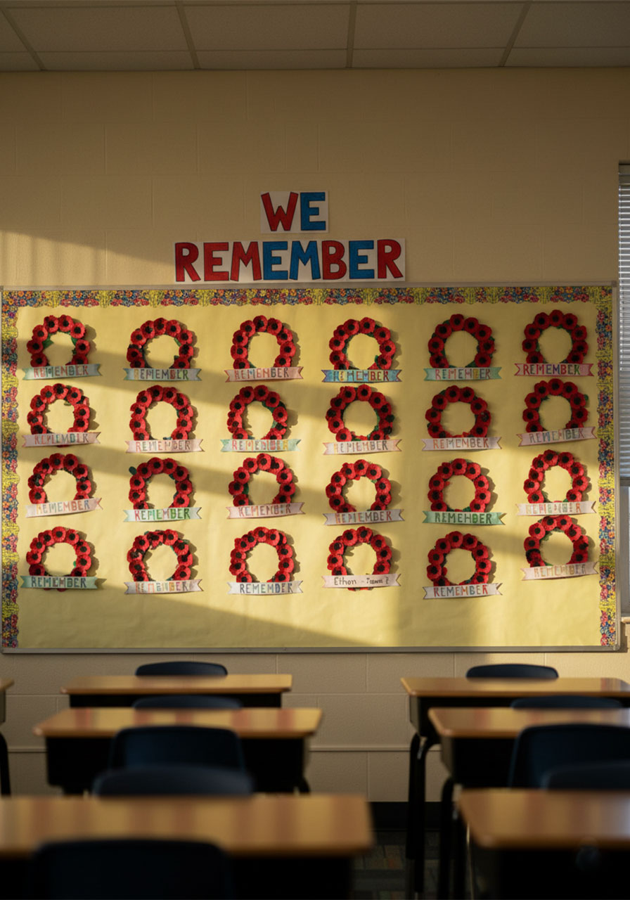 Elementary school bulletin board display of student-made egg carton Memorial Day poppy wreaths for classroom tribute
