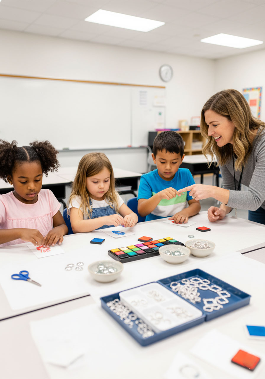 Elementary school teacher and three kids making DIY thumbprint heart necklaces together at a classroom craft table with ink pads, cabochons, and pendant trays