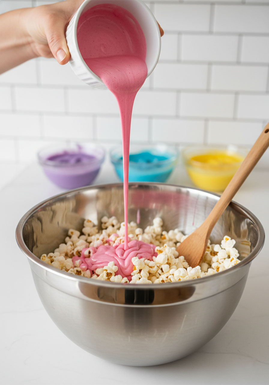 Pouring pink melted marshmallow mixture over air-popped popcorn in a large bowl to make unicorn marshmallow popcorn