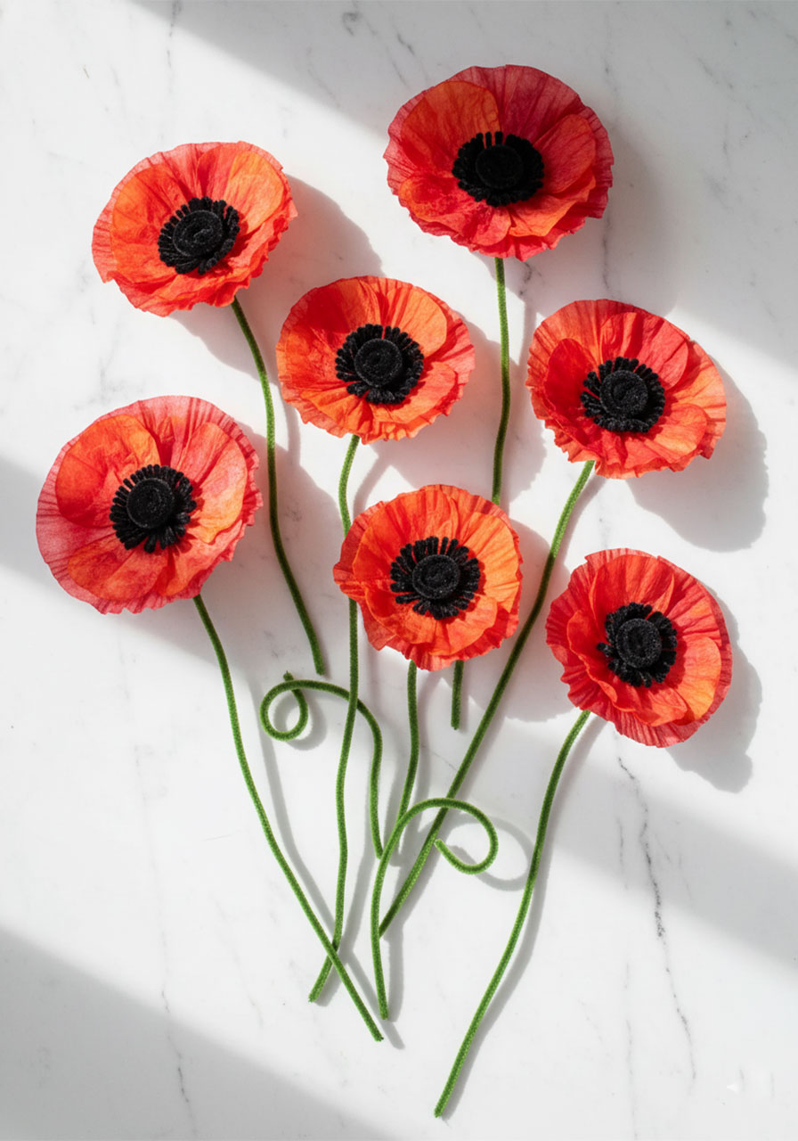 A flat lay bouquet of seven completed red and orange coffee filter poppies with black centres and green pipe cleaner stems on a white surface