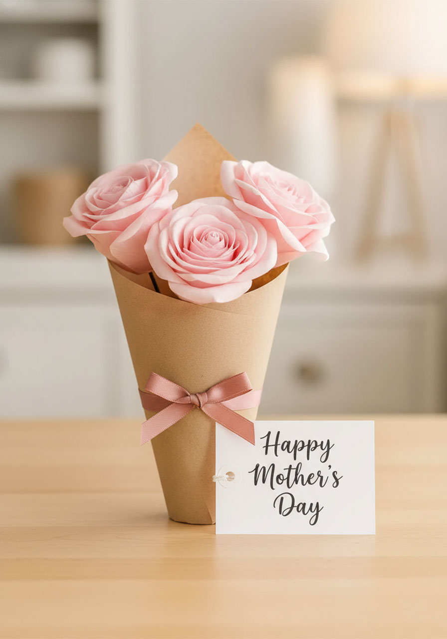 Three blush pink coffee filter roses wrapped in kraft paper with a ribbon bow as a beautiful handmade Mother's Day gift