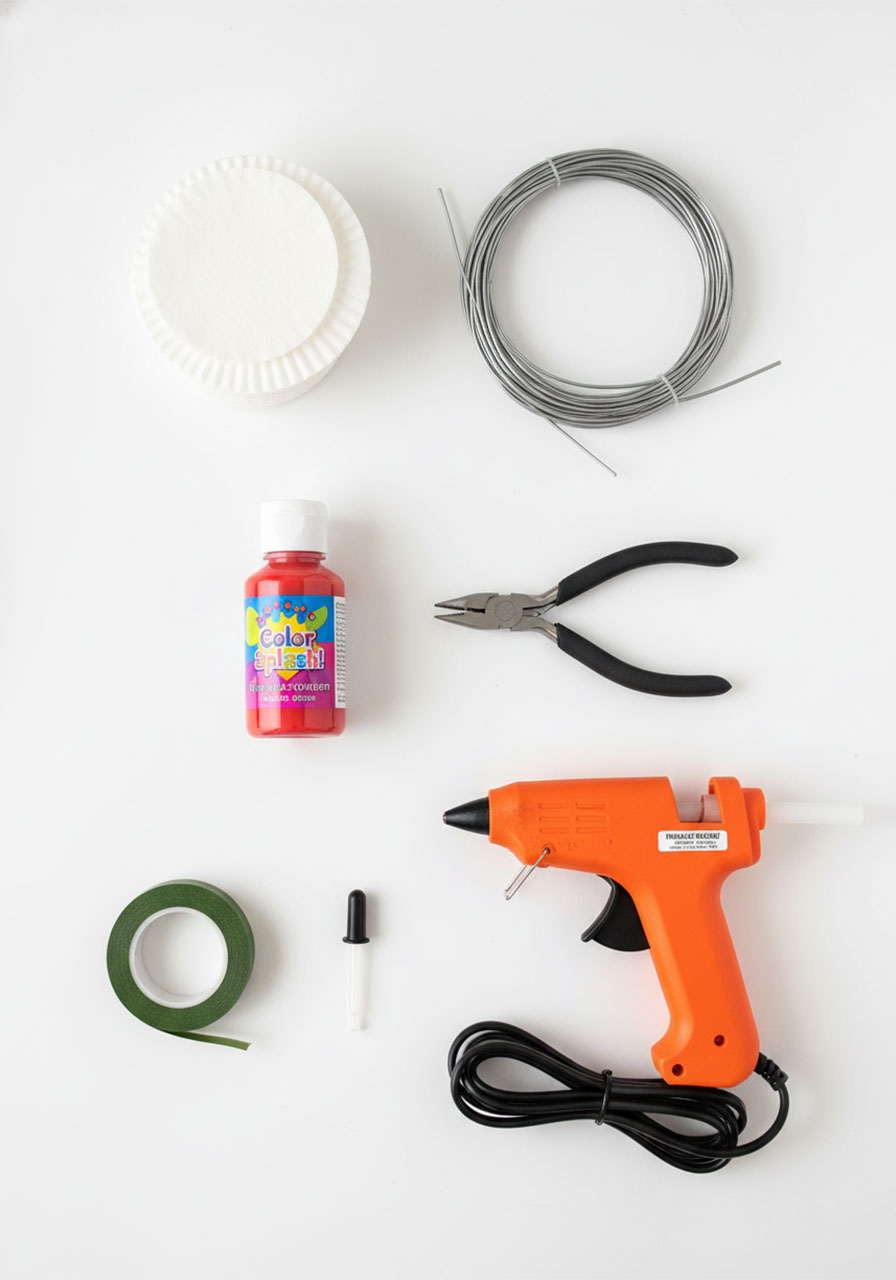 All supplies needed to make coffee filter roses: coffee filters, floral wire, liquid watercolor paint, needle-nose pliers, green floral tape, eye dropper, and hot glue gun