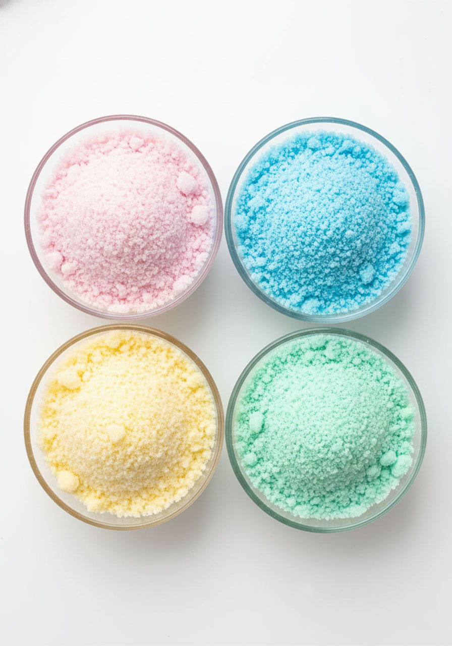 Four bowls of homemade colored moon sand in pink, blue, yellow, and green