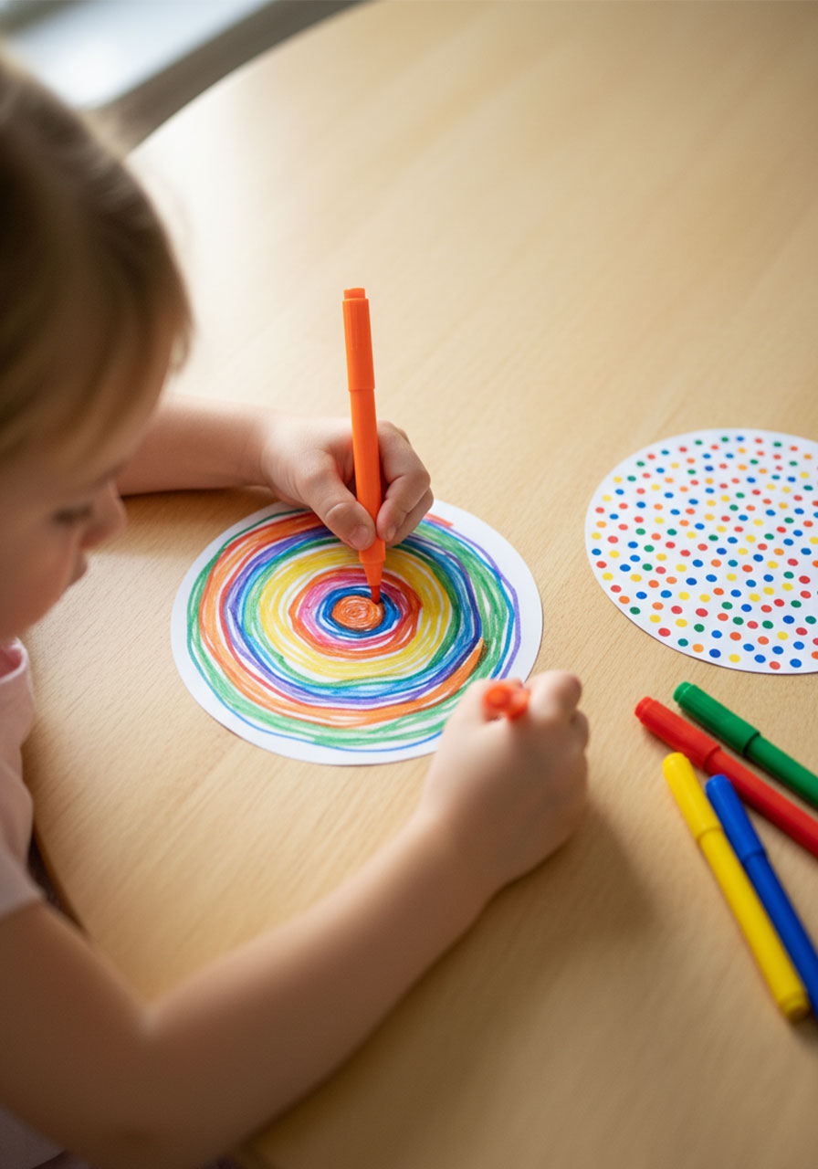 Young girl's hands coloring a paper circle template for DIY spinner with orange marker, rainbow spiral design in progress on dining table