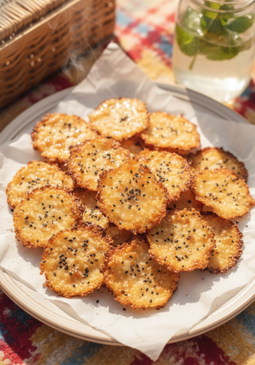 Golden crispy cottage cheese chips piled on a white plate, topped with black sesame seeds — a high protein low carb snack