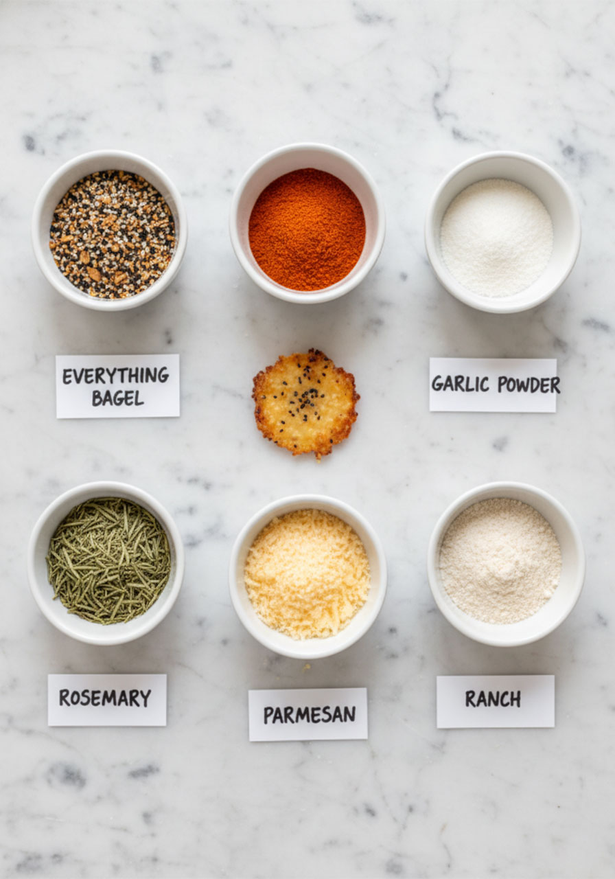 Six seasoning options for cottage cheese chips including everything bagel, chili powder, garlic, rosemary, parmesan, and ranch