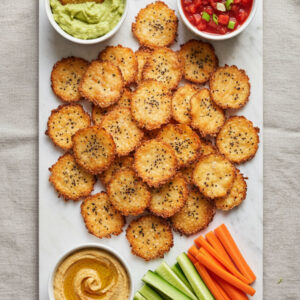 Cottage cheese chips on a snack board served with guacamole, salsa, and hummus — perfect healthy party appetizer