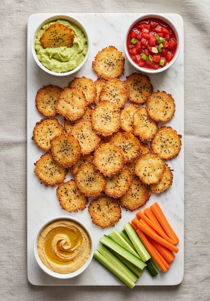 Cottage cheese chips on a snack board served with guacamole, salsa, and hummus — perfect healthy party appetizer