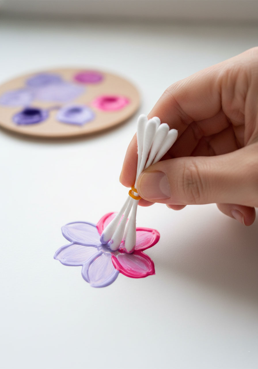 Close-up of hand pressing bundled cotton swabs dipped in lavender paint onto paper to create dotted hydrangea petal clusters