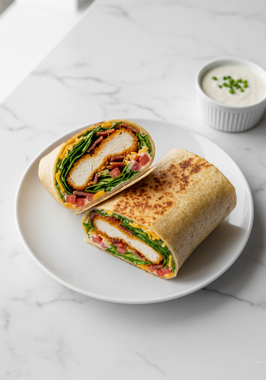 Crispy chicken bacon ranch wrap sliced in half showing layers of golden fried chicken, bacon, lettuce, tomato, and cheddar cheese