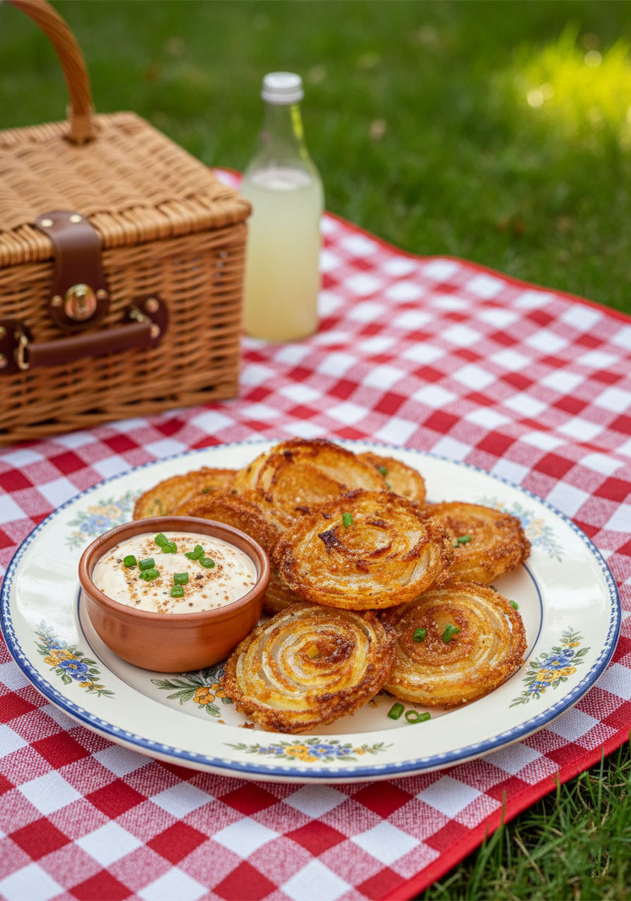 Crispy keto parmesan onion rings with no breadcrumbs, served on a blue plate with dipping sauce