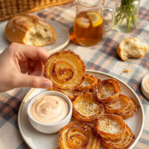 Close-up of a single crispy keto parmesan onion ring held up to show golden cheese crust and spiral onion layers