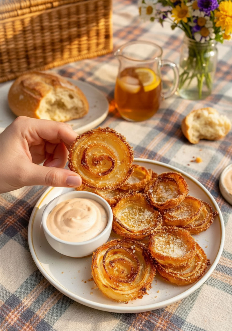 Close-up of a single crispy keto parmesan onion ring held up to show golden cheese crust and spiral onion layers