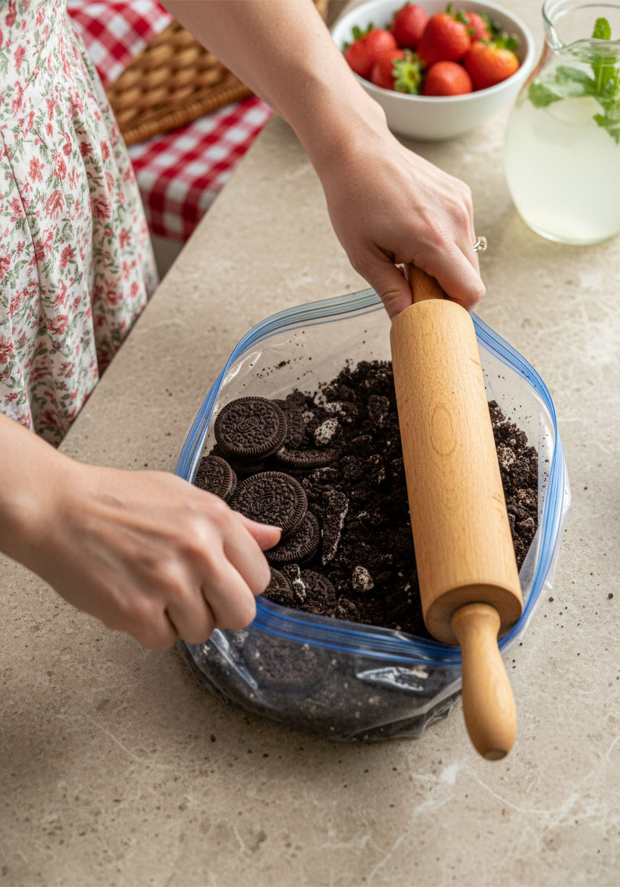 Crushing Oreo cookies inside a sealed zip-lock bag using a wooden rolling pin to make no-bake cheesecake cups