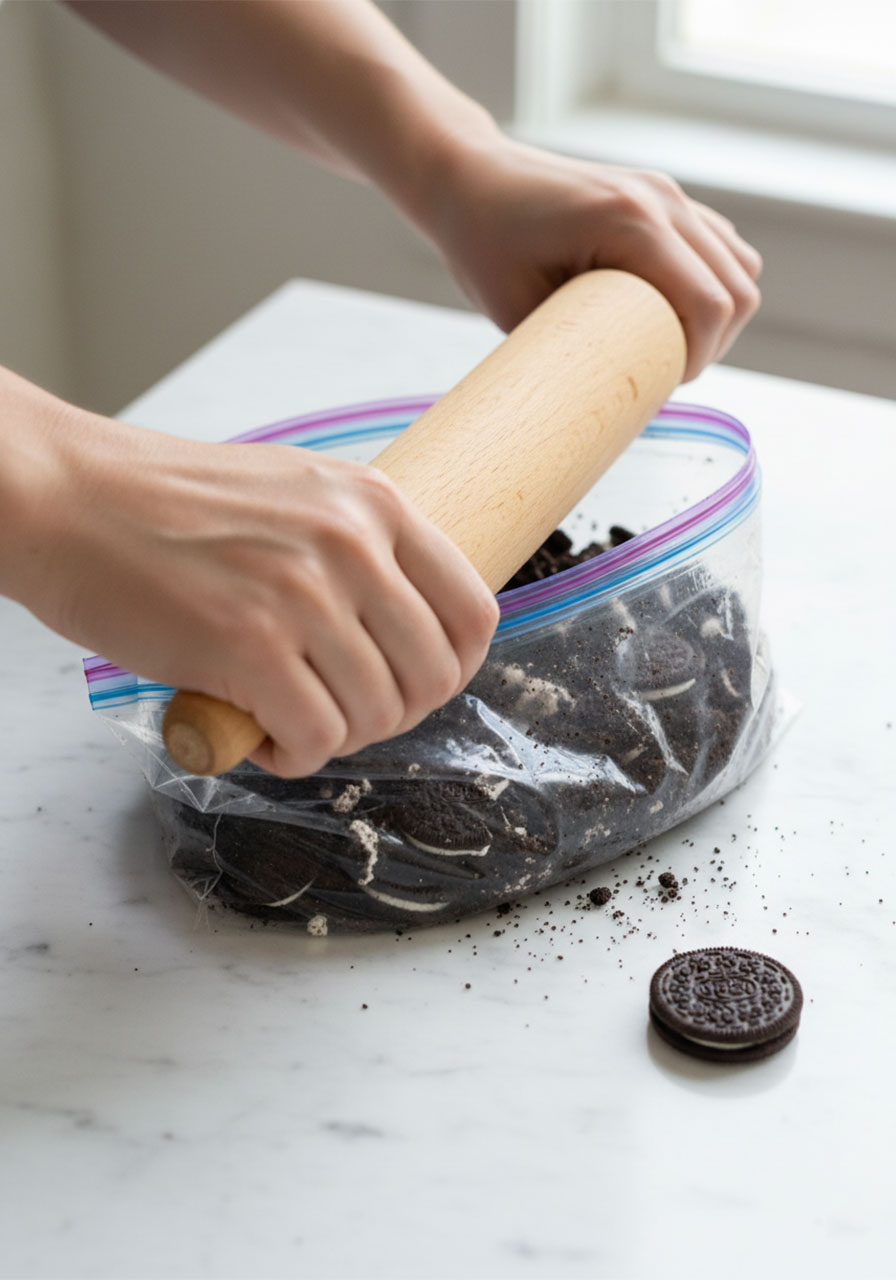 Crushing Oreo cookies in a zip-top bag with a wooden rolling pin — step 1 for making no-bake Oreo protein balls