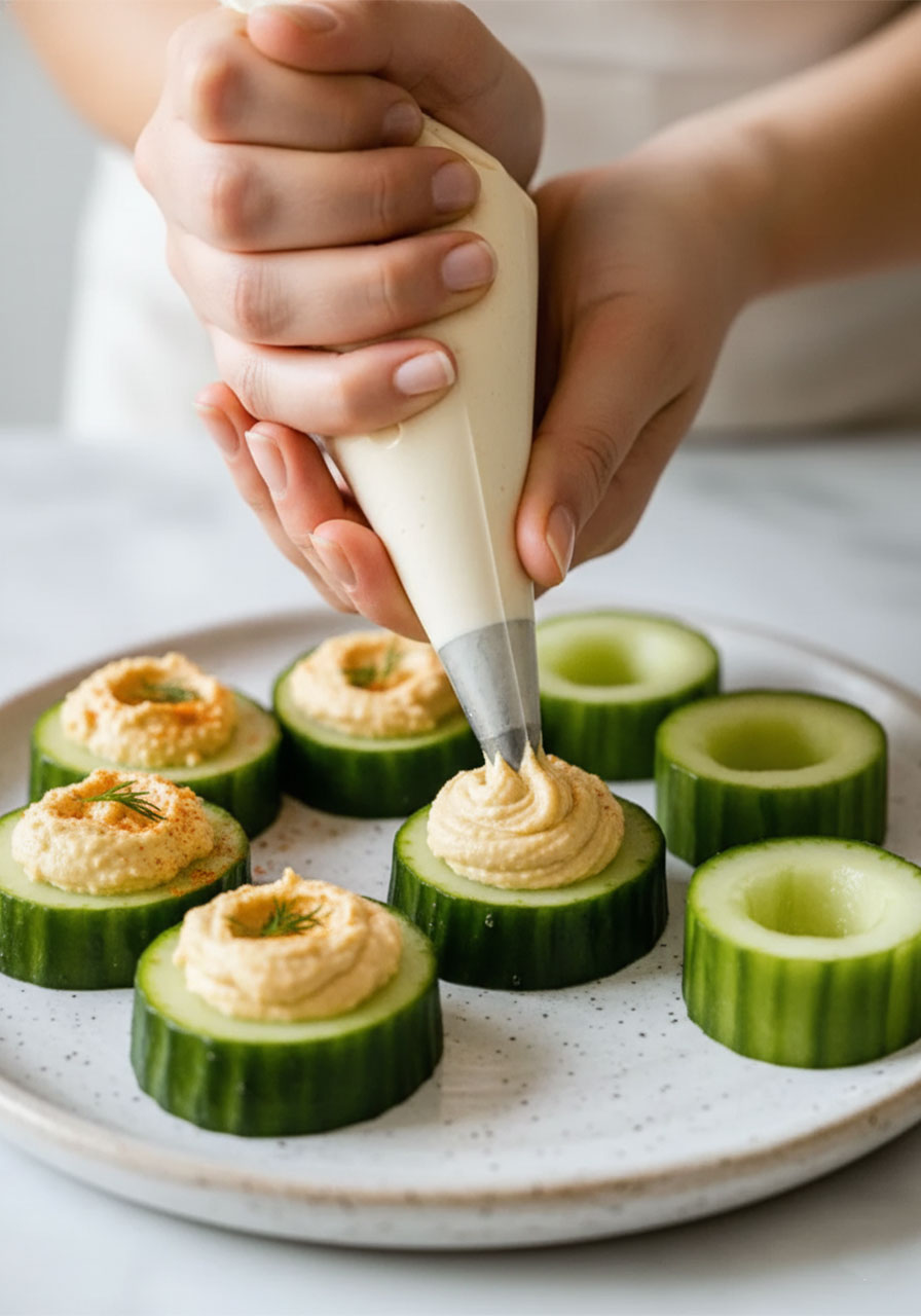 Piping creamy hummus into cucumber wells to make cucumber hummus bites — easy healthy party appetizer recipe step