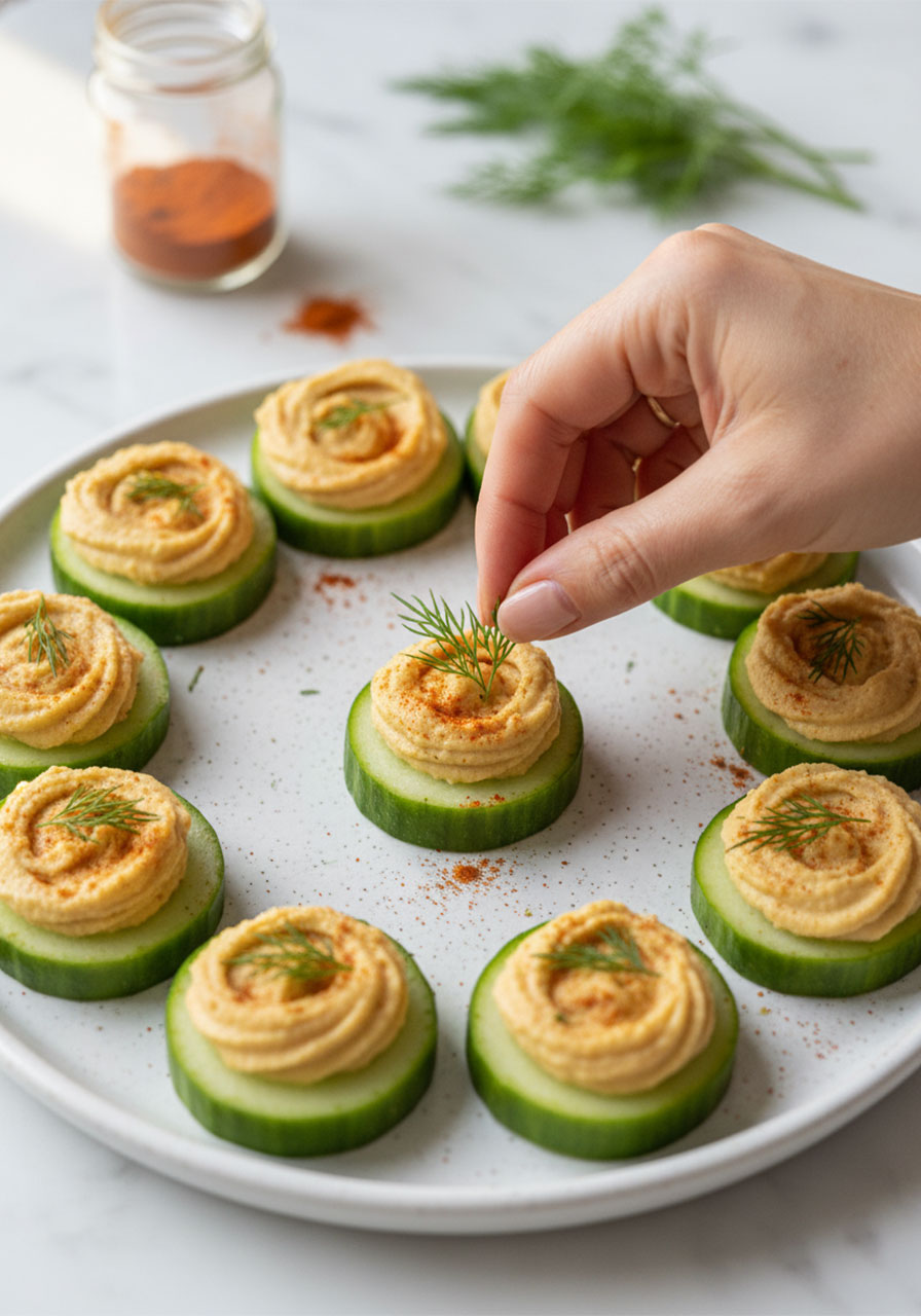 Garnishing cucumber hummus bites with fresh dill and paprika — finishing touches on a healthy party snack platter
