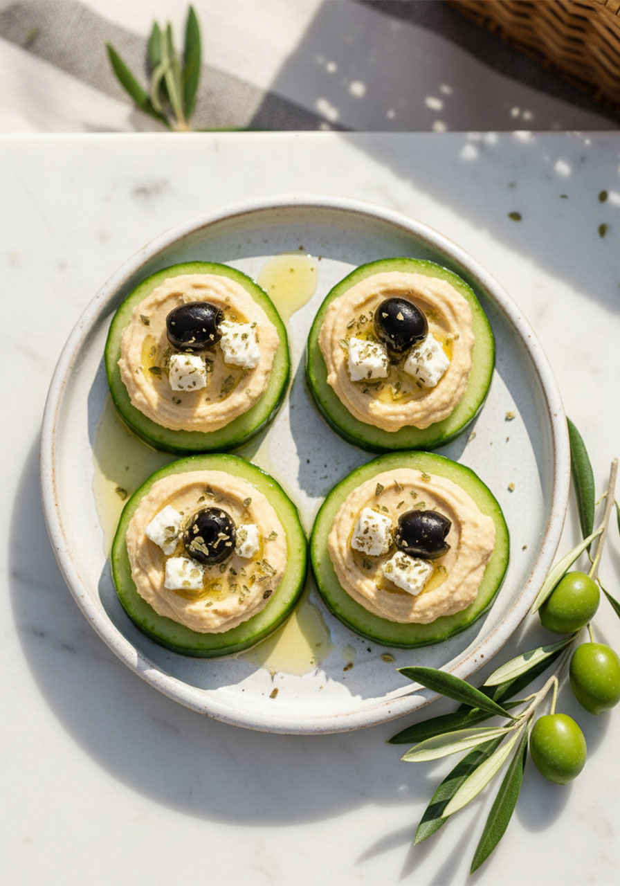 Greek-style cucumber hummus bites topped with feta cheese, kalamata olive, and oregano — easy party appetizer variation