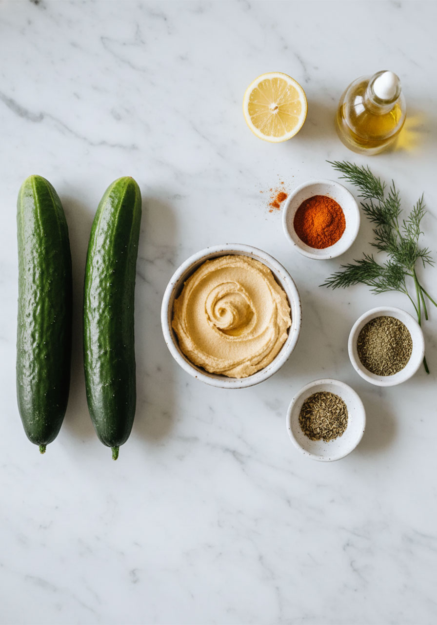 All ingredients for cucumber hummus bites laid out flat — cucumbers, hummus, paprika, dill, and olive oil