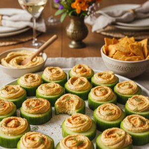 Cucumber hummus bites served on a party appetizer table alongside pita chips and hummus dip — easy healthy snack for guests