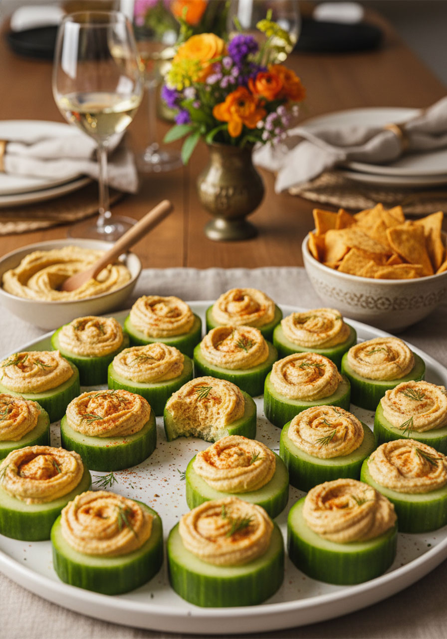 Cucumber hummus bites served on a party appetizer table alongside pita chips and hummus dip — easy healthy snack for guests