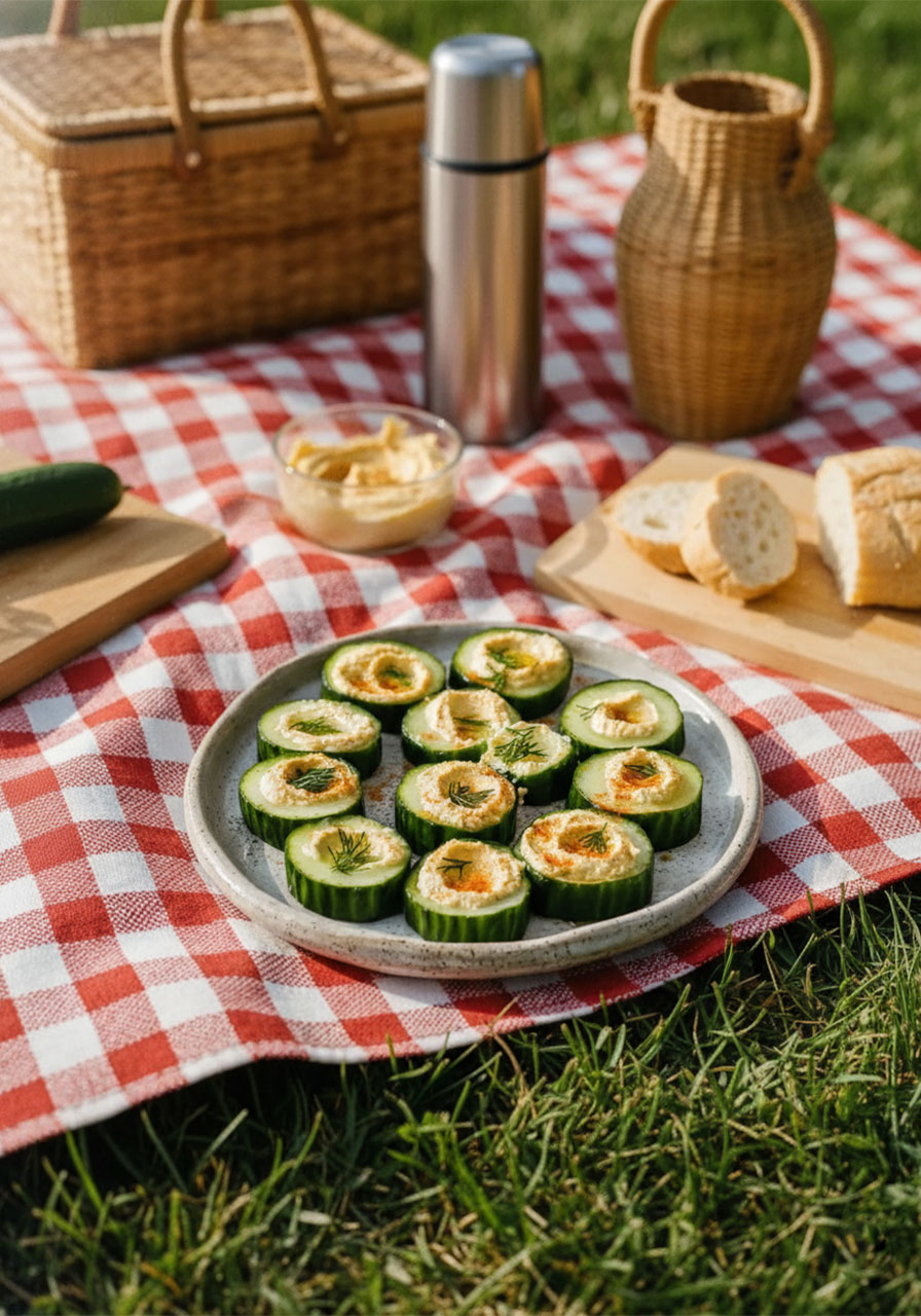 Cucumber hummus bites arranged on a white ceramic platter, topped with paprika and fresh dill — healthy party snack for guests