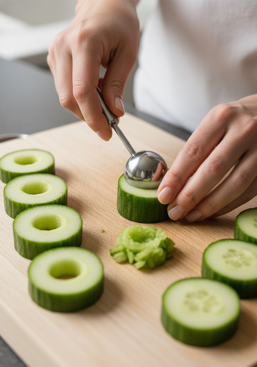 Hands using a melon baller to scoop wells in cucumber slices for cucumber hummus bites recipe — step-by-step tutorial