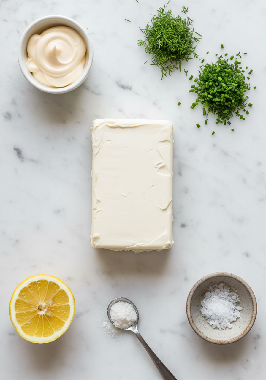 Flat lay of cucumber sandwich spread ingredients including cream cheese, mayonnaise, fresh dill, chives, lemon, and garlic powder on a marble surface