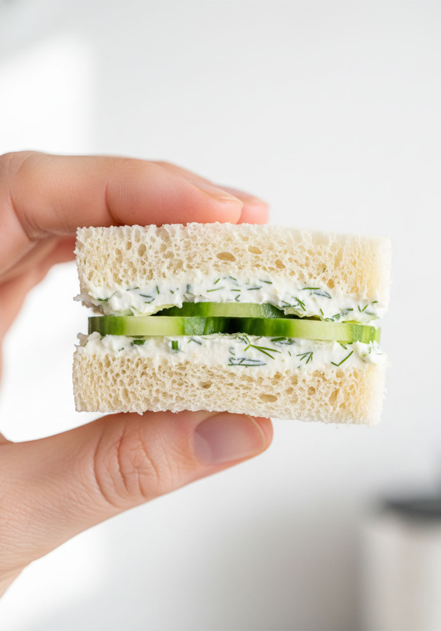 Close-up cross-section of a classic cucumber tea sandwich showing layers of crustless white bread, herbed cream cheese, and fresh English cucumber rounds