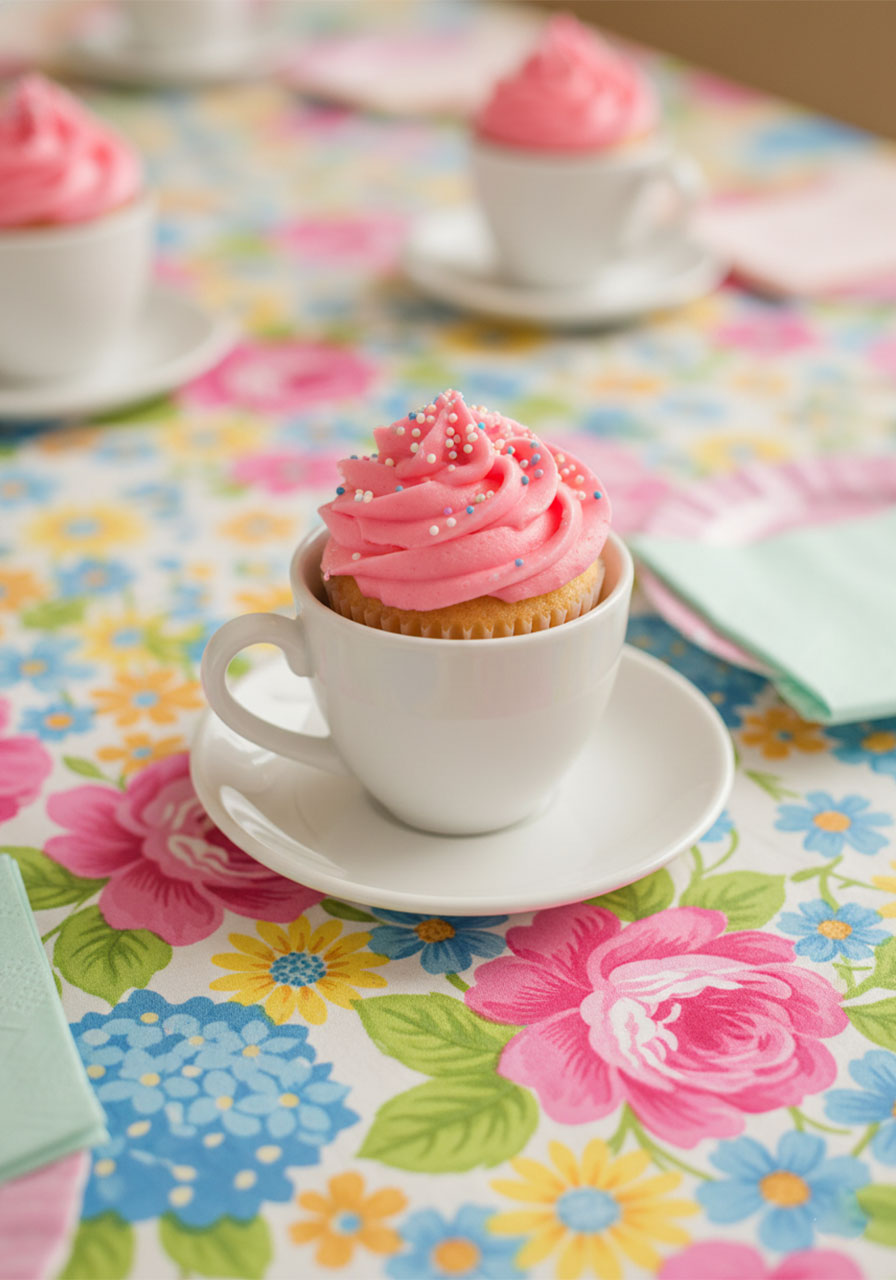 Frosted cupcake served inside a white teacup as a creative kids tea party place setting idea