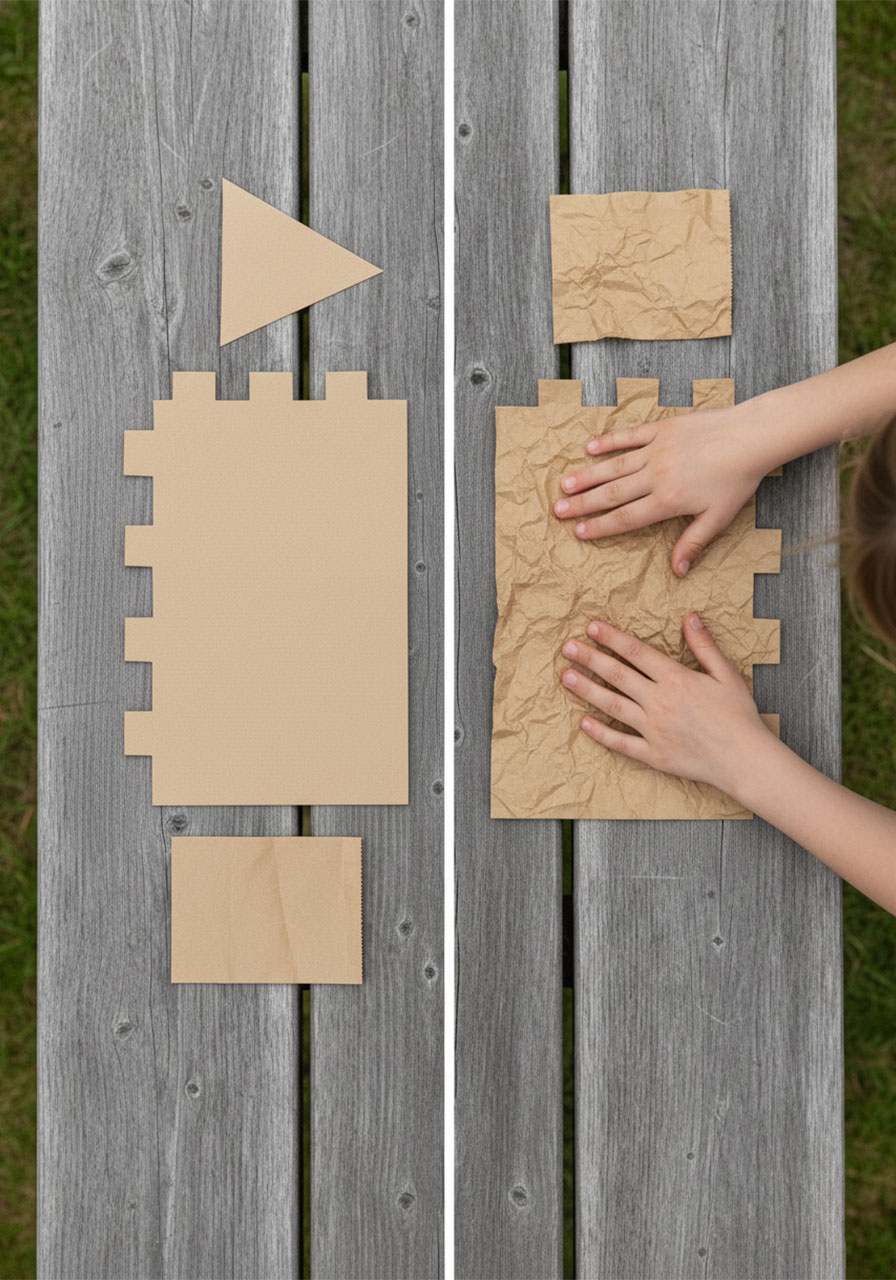Before and after comparison of brown paper bag castle pieces flat vs crumpled to create sandcastle texture for kids art project