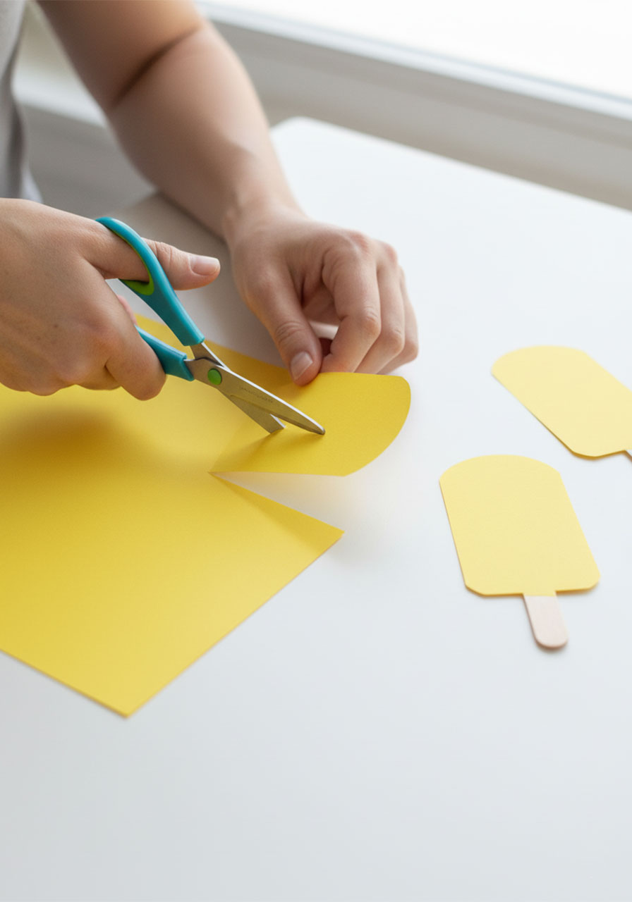 Mom cutting popsicle shape from yellow construction paper for kids tissue paper craft