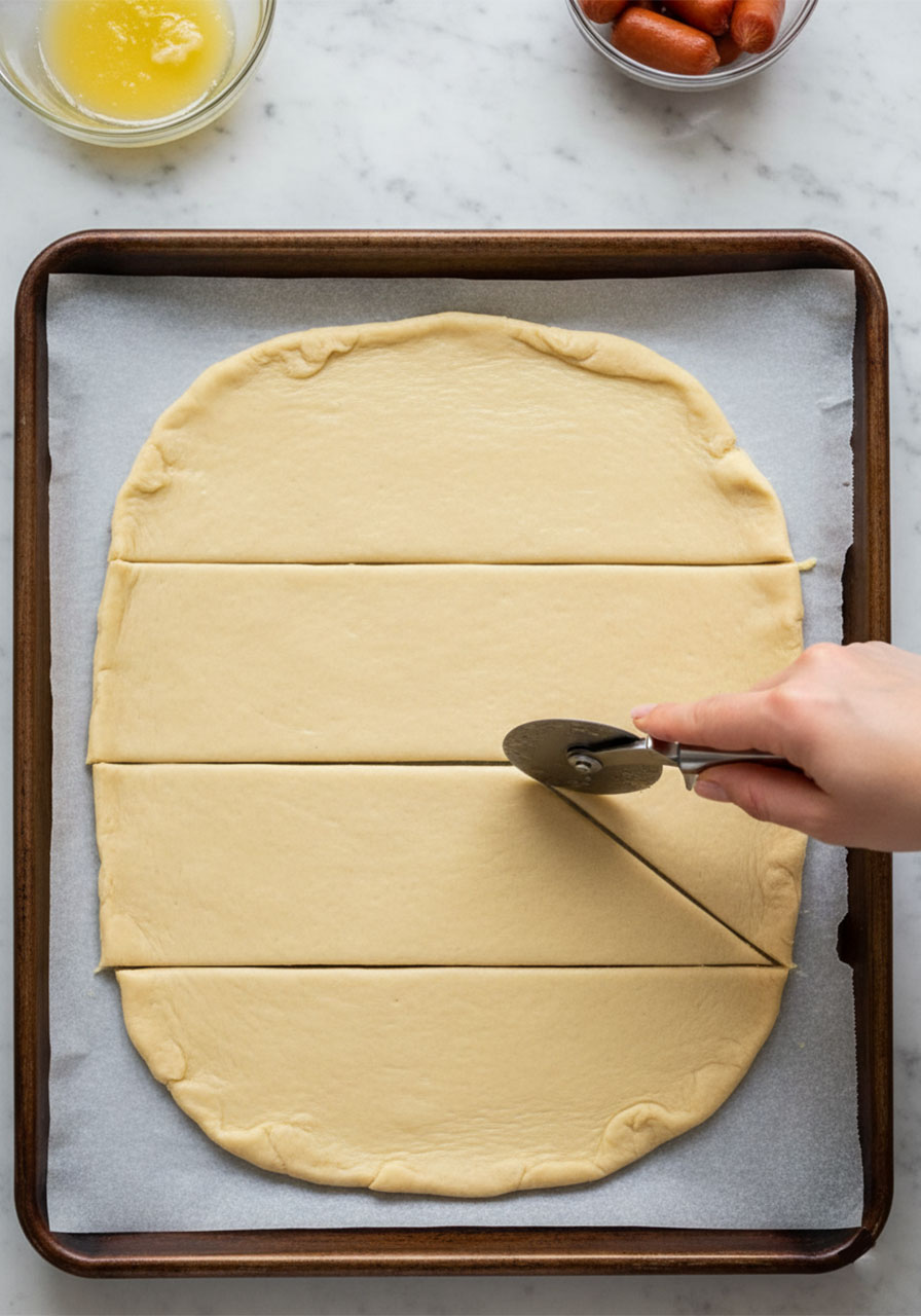 Cutting crescent roll dough into small triangles with a pizza cutter on a parchment-lined baking sheet to make easy pigs in a blanket