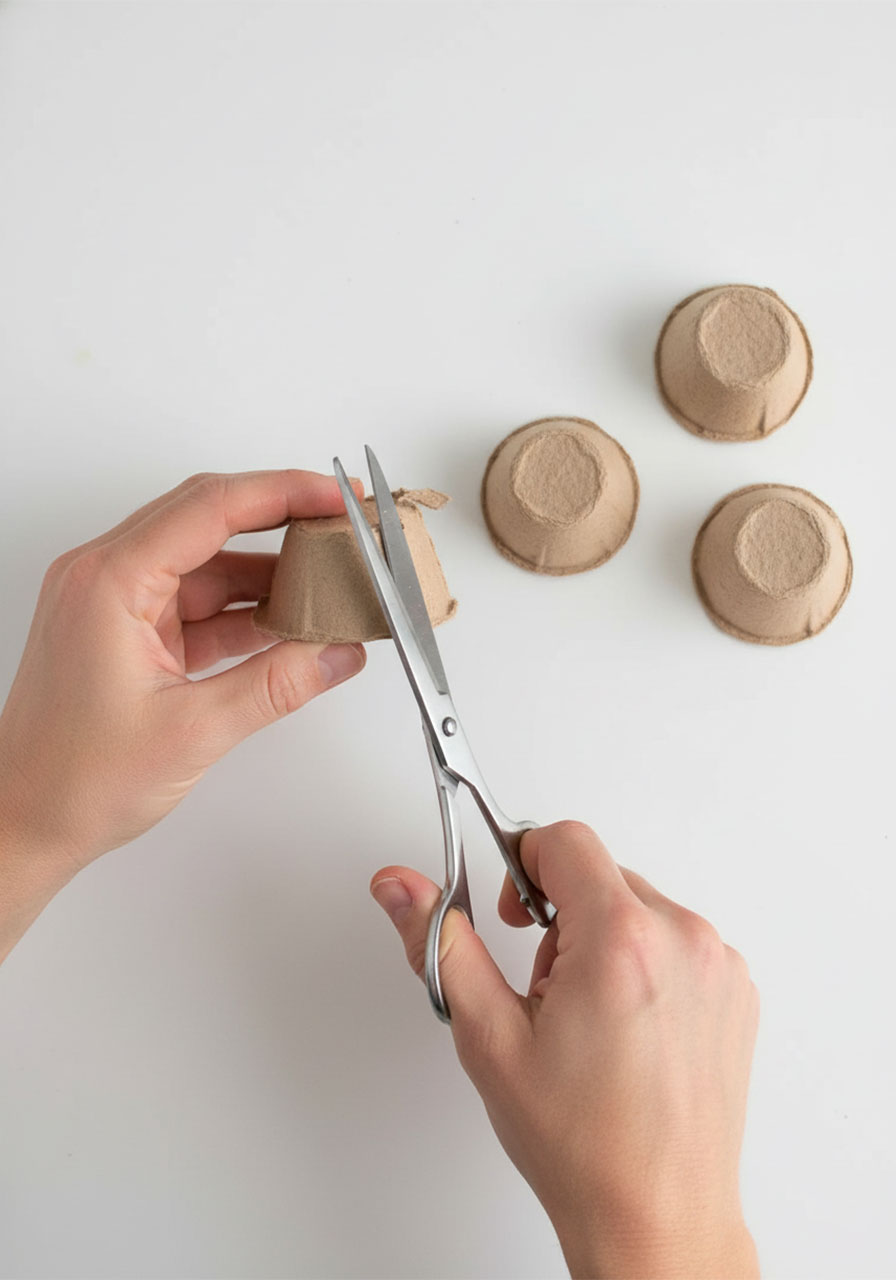 Step 1 of egg carton ladybug craft — adult cutting individual cup sections from an empty cardboard egg carton with scissors