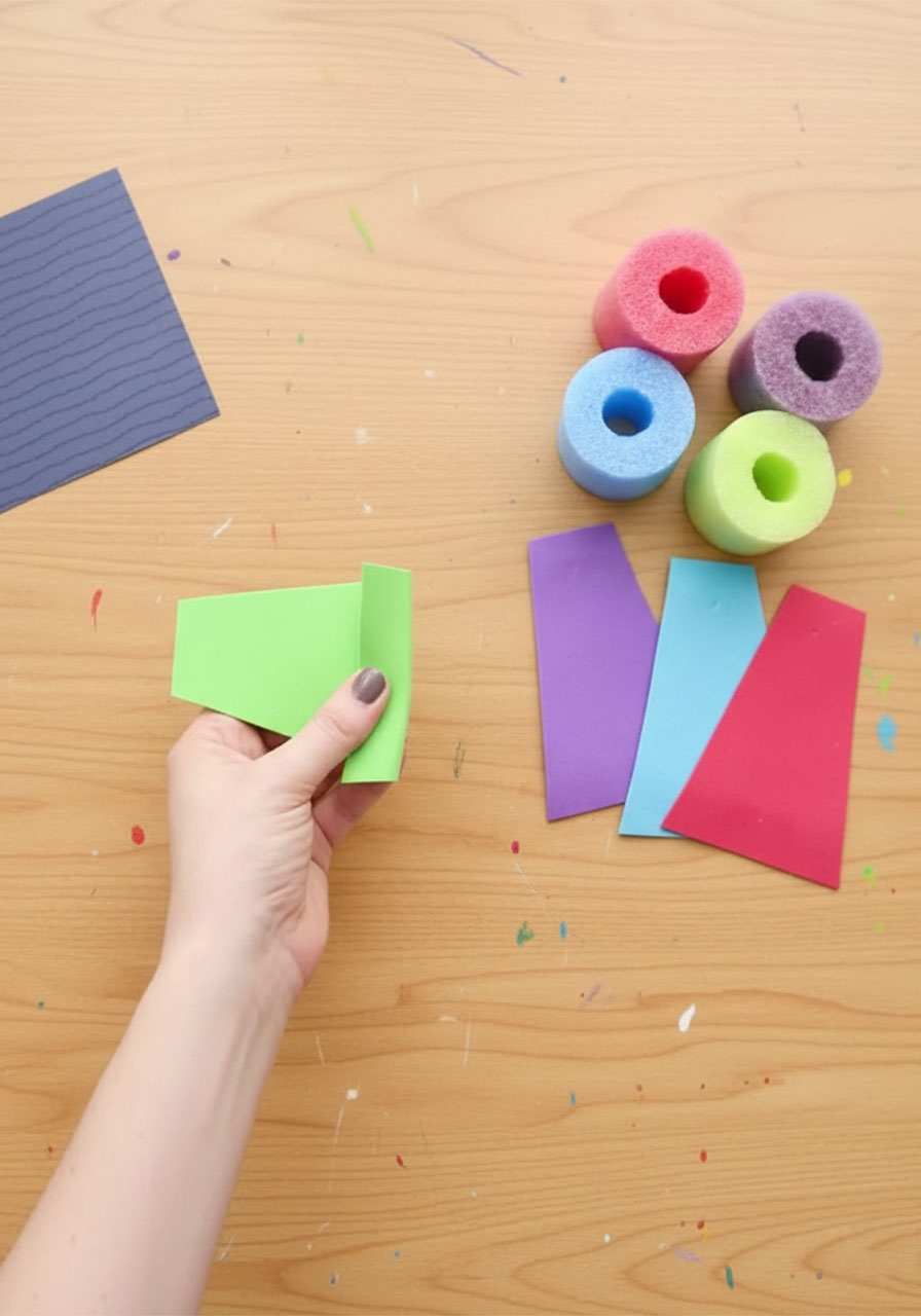 Child cutting a green foam sheet into a sail shape for a pool noodle boat craft step2a