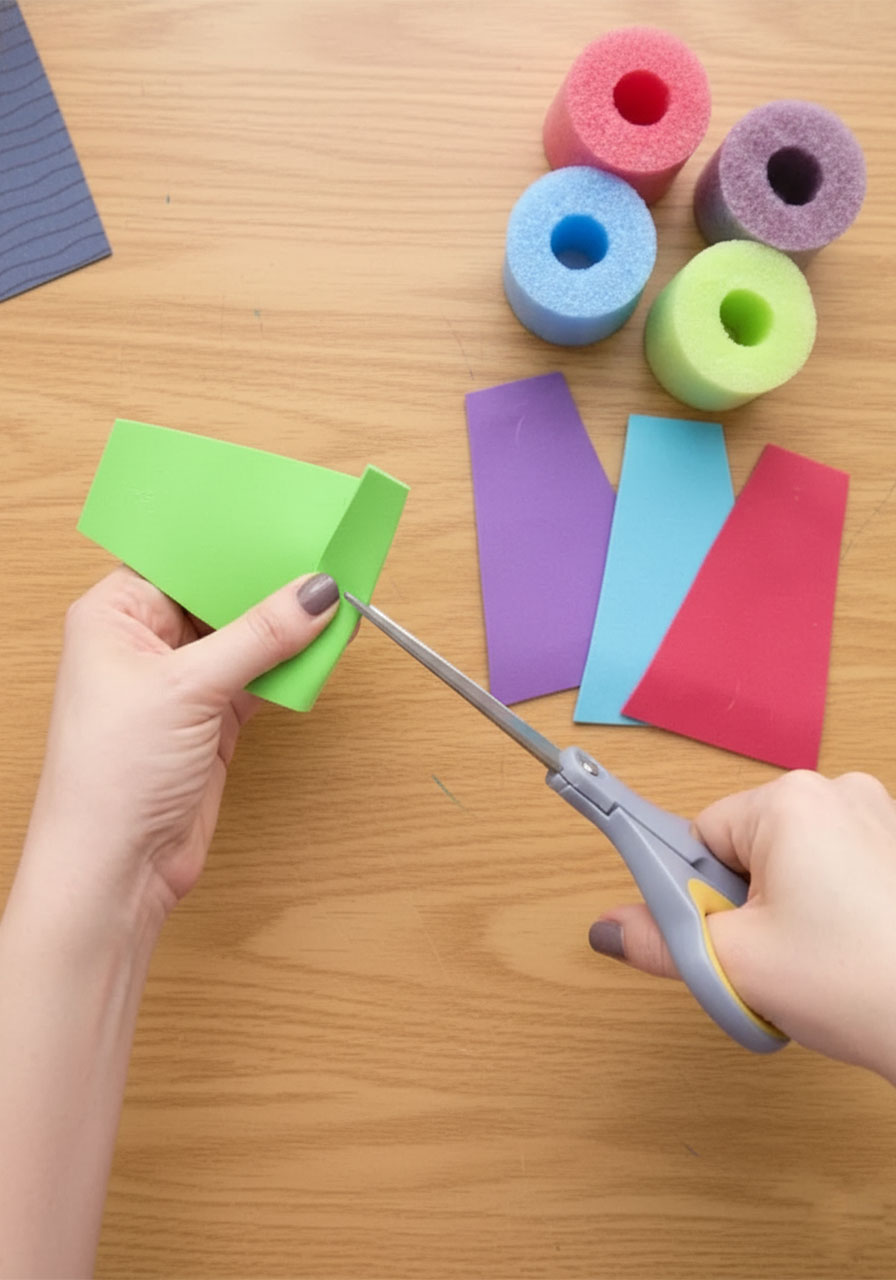 Child cutting a green foam sheet into a sail shape for a pool noodle boat craft step2b