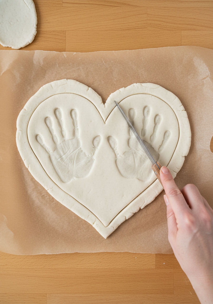 Adult hand using butter knife to cut a heart shape around two children's handprints pressed in salt dough for a Father's Day keepsake