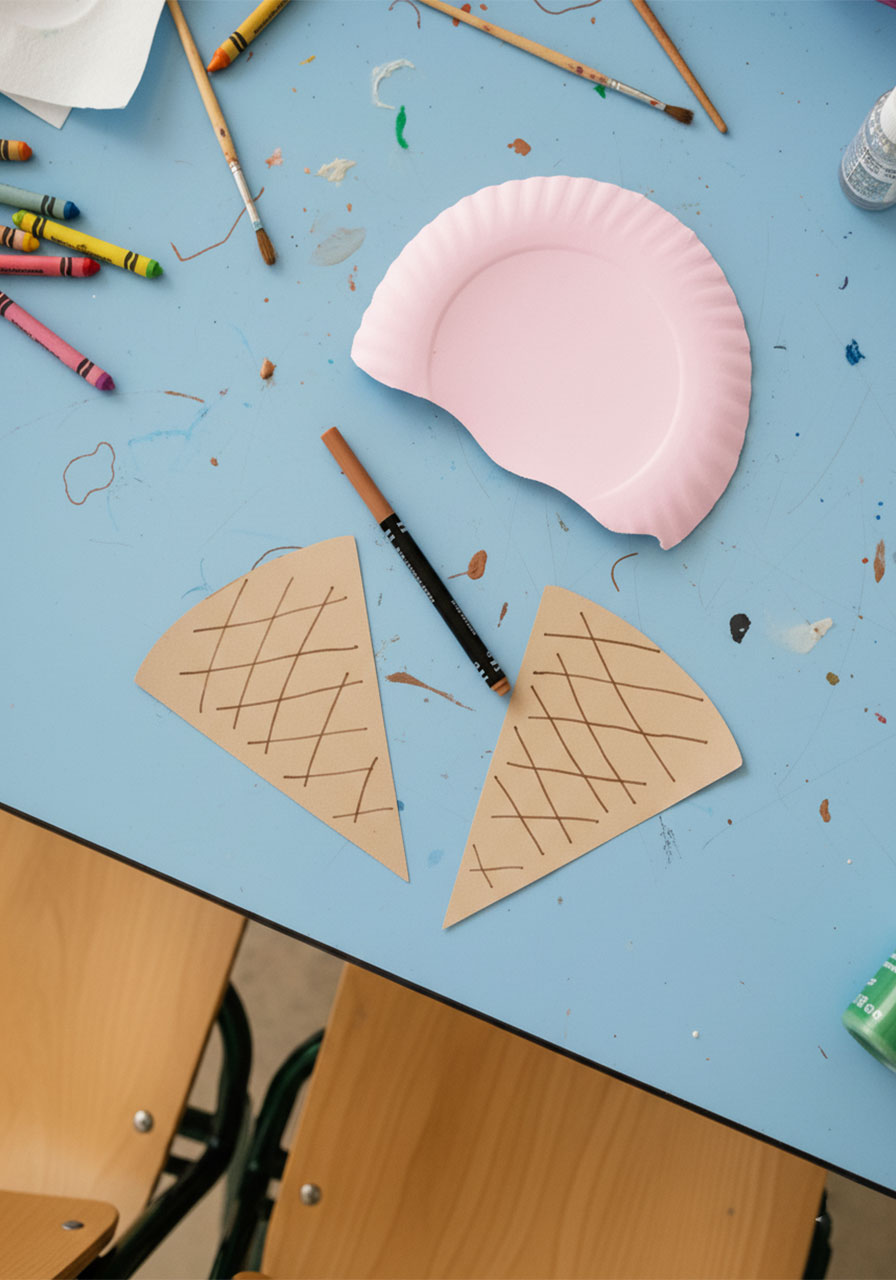 Kraft paper cardstock cut into waffle cone shapes with crosshatch marker lines — paper plate ice cream cone craft step 4a