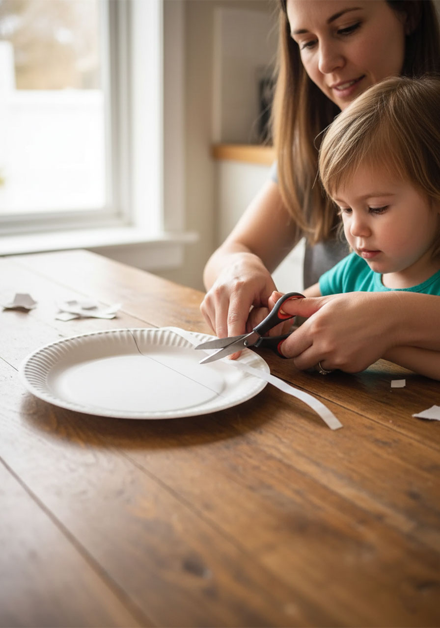 Adult helping child cut paper plate into wreath ring shape for Memorial Day poppy craft