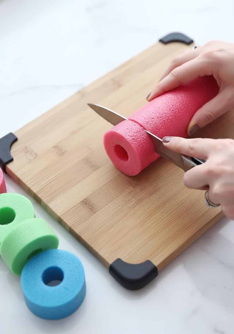 Adult cutting a pink pool noodle into 3-inch thick discs on a wooden cutting board to make pool noodle boats