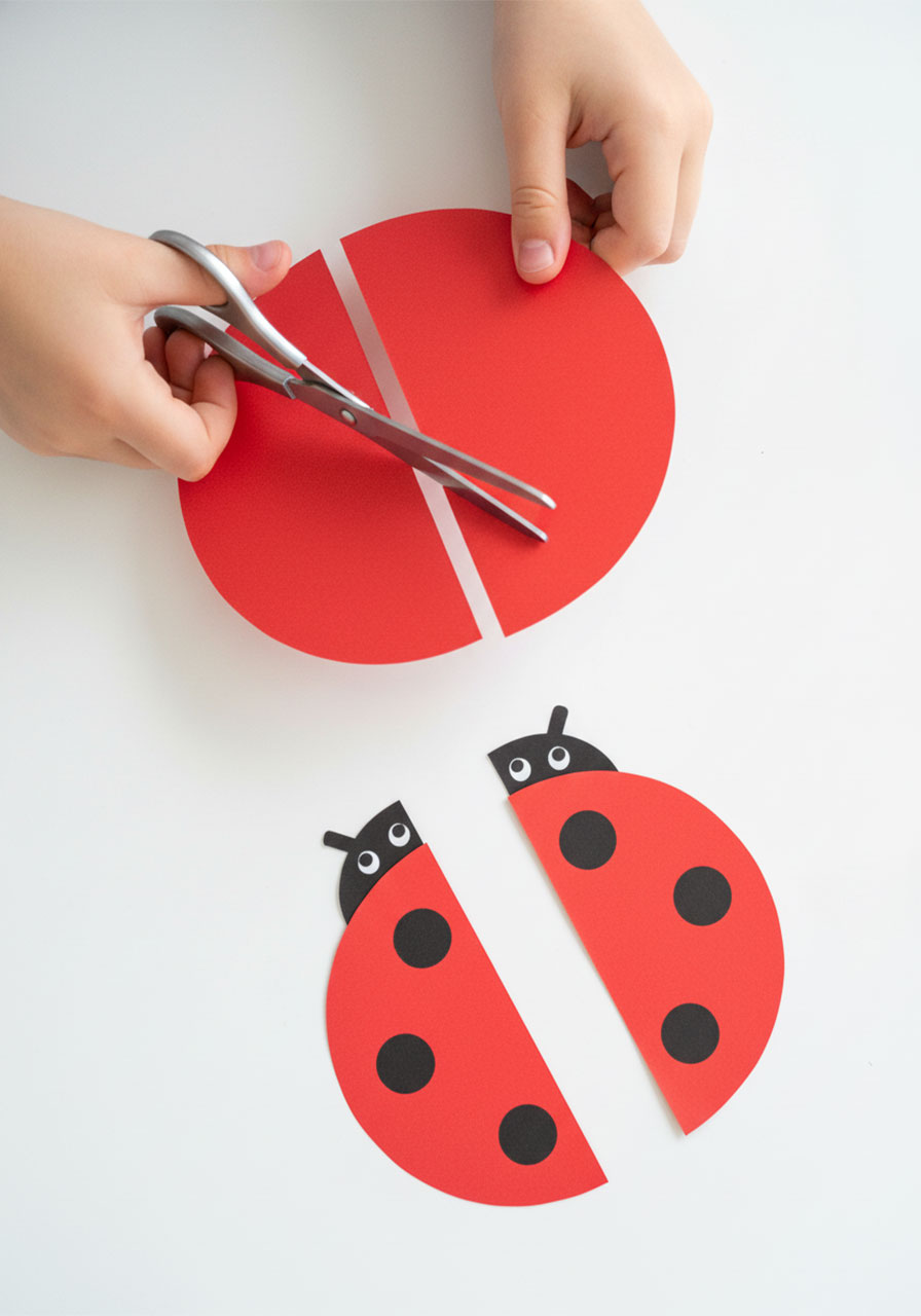 Step 3 — cutting a red construction paper circle in half to make ladybug wings with black dots drawn on each wing