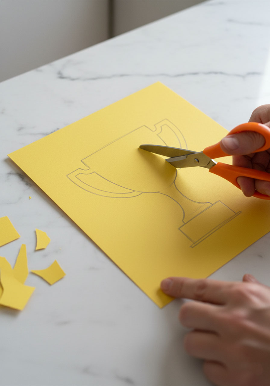 Adult hands using orange scissors to cut a trophy shape out of bright yellow cardstock for the Father's Day handprint trophy kids craft