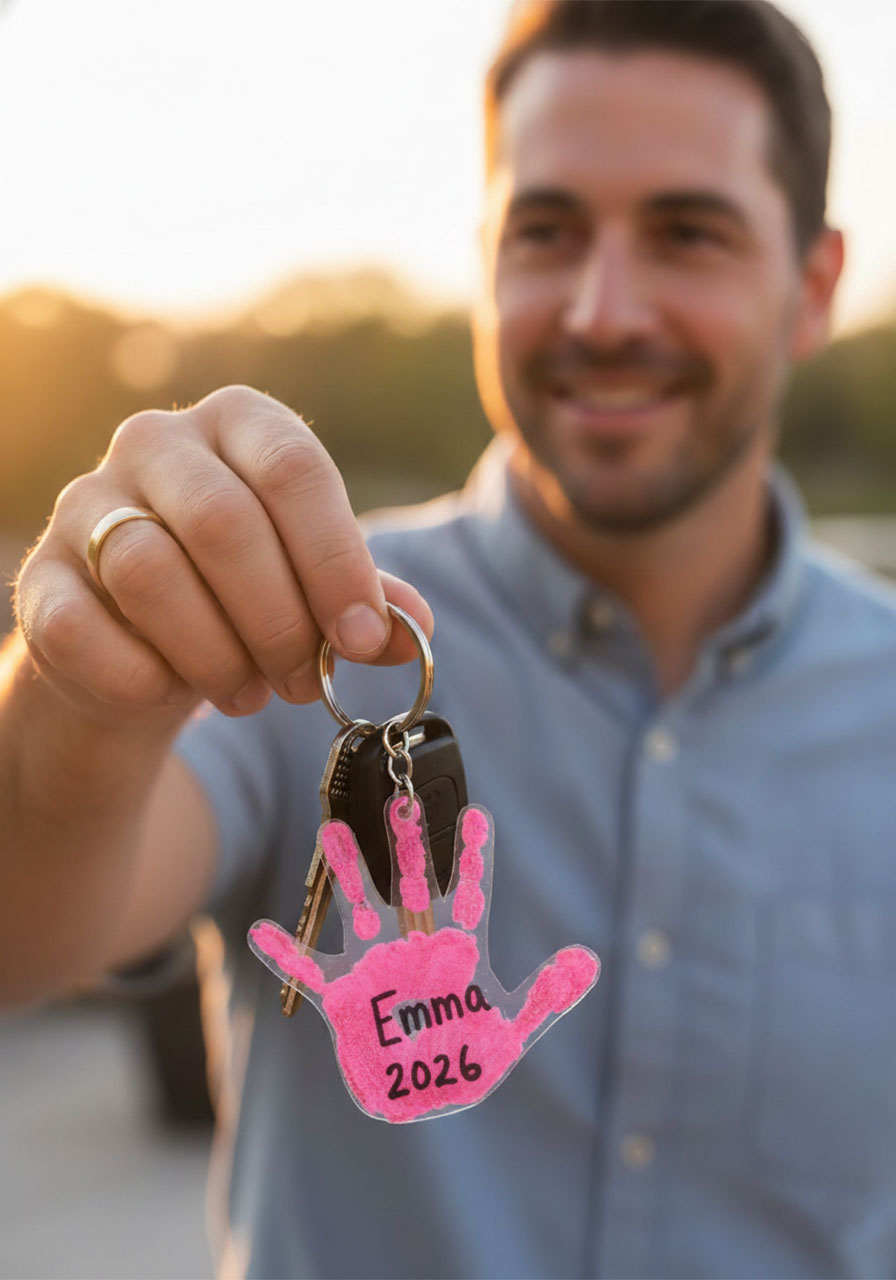 Smiling dad holding car keys with a pink DIY shrink plastic handprint keychain charm attached — heartfelt homemade Father's Day gift from child