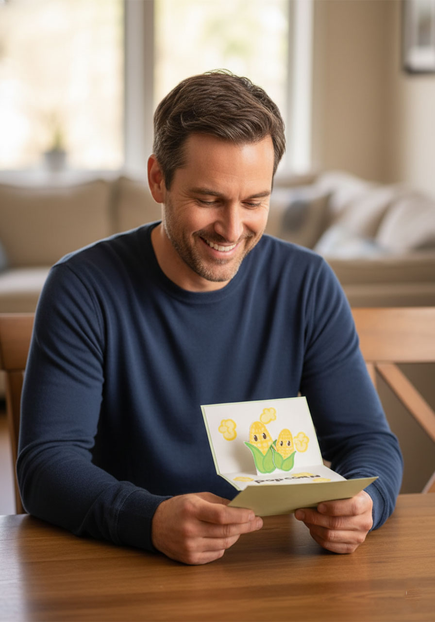 Smiling dad opening handmade Father's Day pop-up card revealing cute corn "Pop-Corn" joke inside