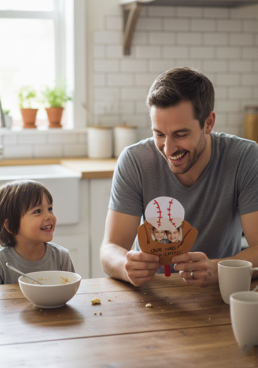 Father laughing with delight as he pushes the craft stick on his kids' handmade baseball glove Father's Day pop-up card to reveal their photo