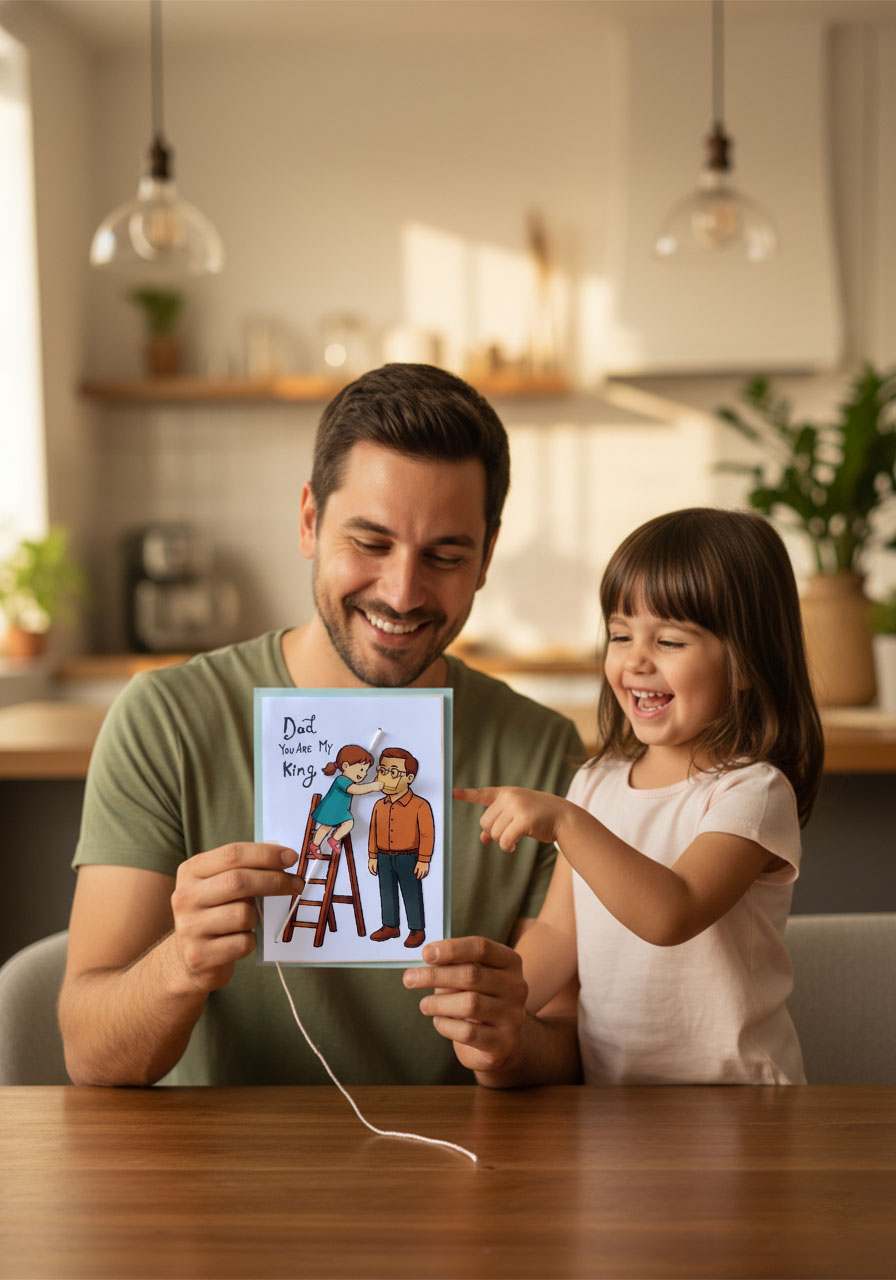 Smiling dad pulling string on handmade Father's Day card while daughter laughs beside him showing emotional gift reaction