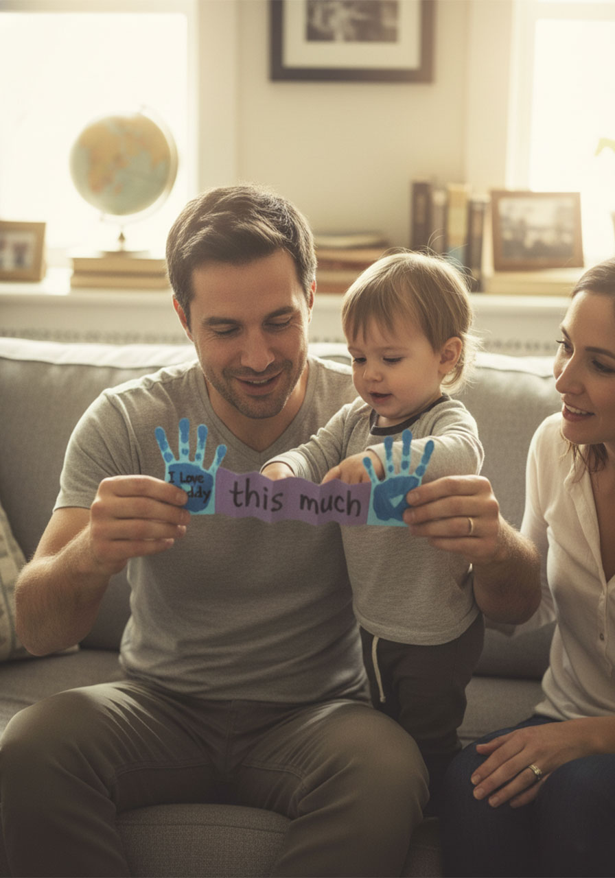 Father holding open DIY I Love You This Much handprint card stretched wide while child watches proudly on Father's Day