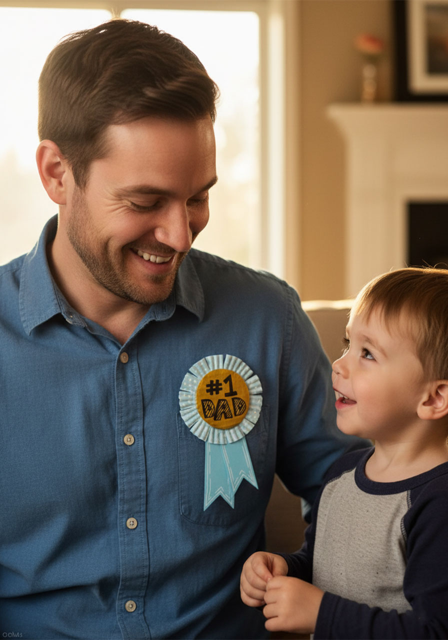 Dad proudly wearing a handmade #1 Dad award ribbon on Father's Day, a DIY kids craft made from a gold cardboard circle, cupcake liner, and blue paper ribbon tails
