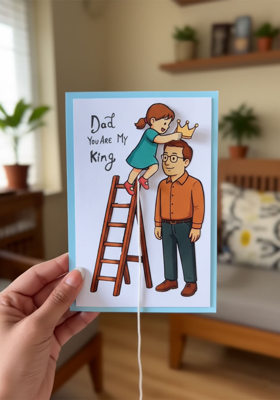 Finished DIY "Dad You Are My King" pull-string Father's Day card showing paper girl placing crown on dad figure
