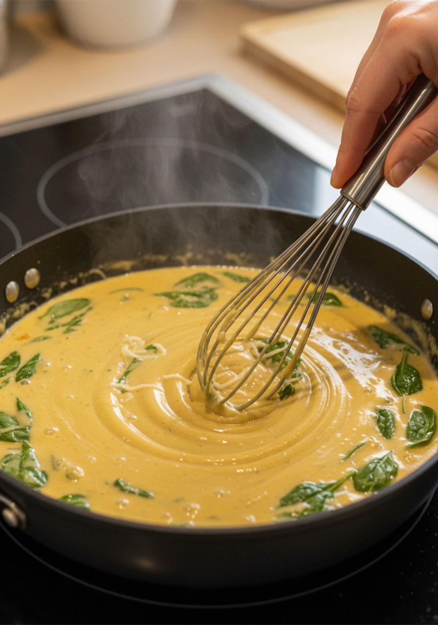 Creamy dairy free Alfredo sauce simmering in skillet being whisked with spinach